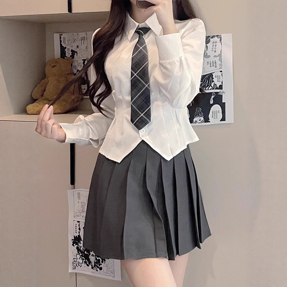 College Style Jk Uniform Suit for Women, Slim-Fitting Bottoming with White Shirt Design, Niche Pleated Skirt