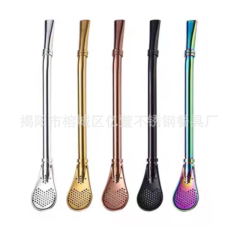 304 malla de acero inoxidable de té mate rojo cuchara de paja integrado creativo agitación de doble uso residuo de jugo perfumado Filtro de té