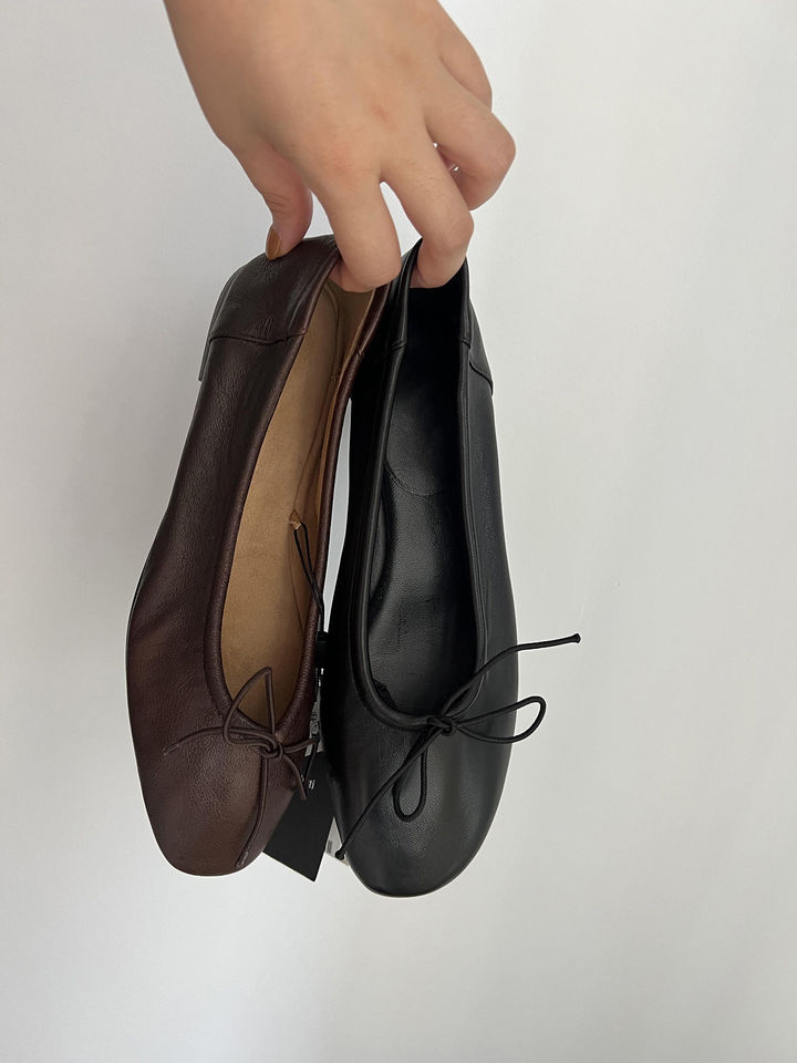 Giày búp bê nữ da bò đính nơ phong cách retro, đế bệt mũi tròn xỏ chân cổ thấp — Màu nâu (da) chi tiết 11