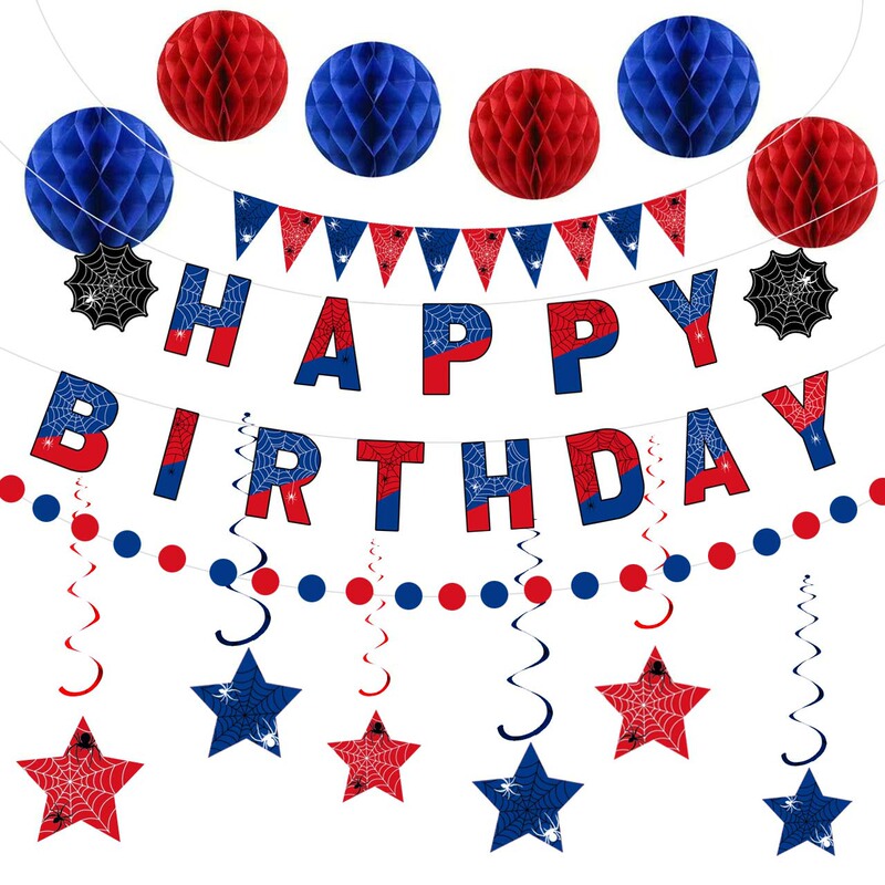 New Red and Blue Spider Color Birthday Party Scene Layout Decoration Flag Hanging Spin Flower Event Poster French Fries Box