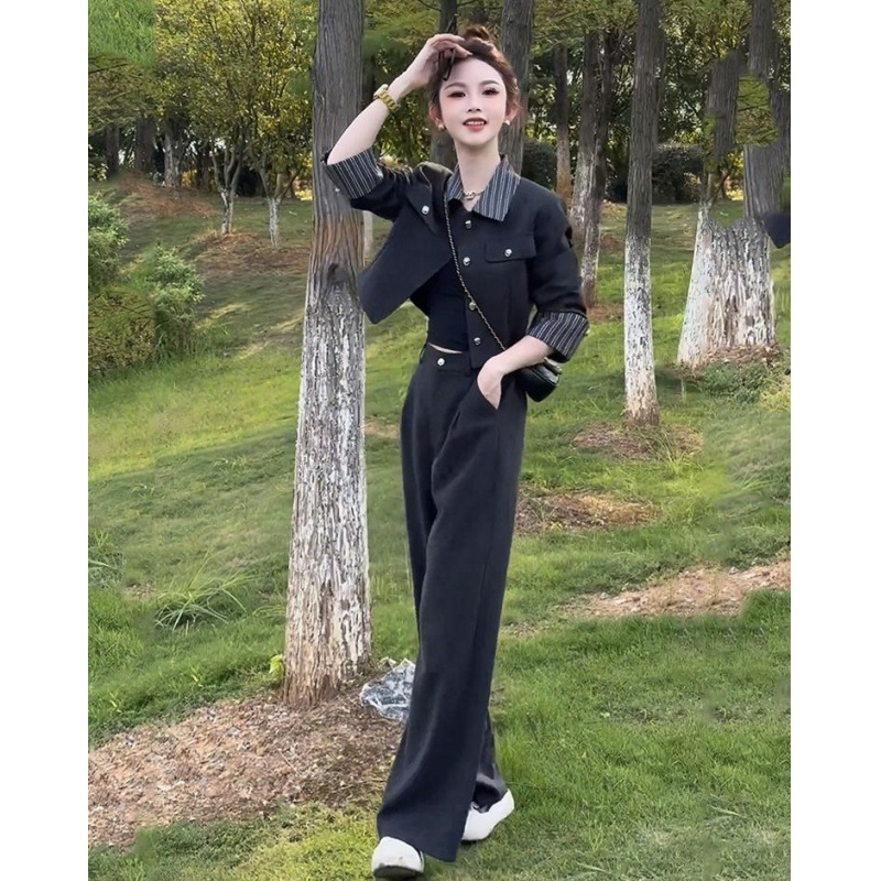 韩版时尚套装女2025春季新款设计感条纹拼接polo领小香风外套裤子|undefined