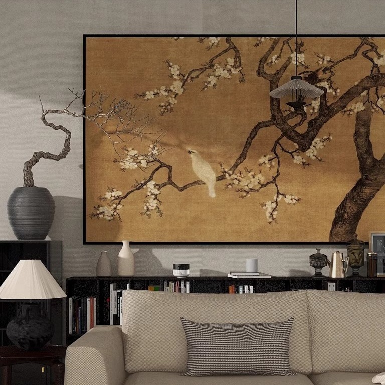 Apricot Blossom Double Pheasant Figure French Middle Ancient Living Room Decorative Painting New Chinese Banner Hanging Painting Nanyang Style Restaurant High-end Mural Painting