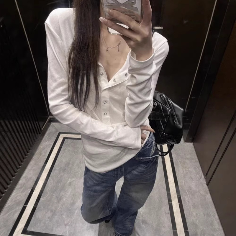 Korean-Style White Henley Half-Open Collar Long-Sleeve T-Shirt for Women, New Spring and Autumn Slim-Fit Trendy Base Shirt Inner Wear Top