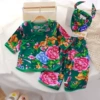Green peony slanted plaque seven-point set + headscarf