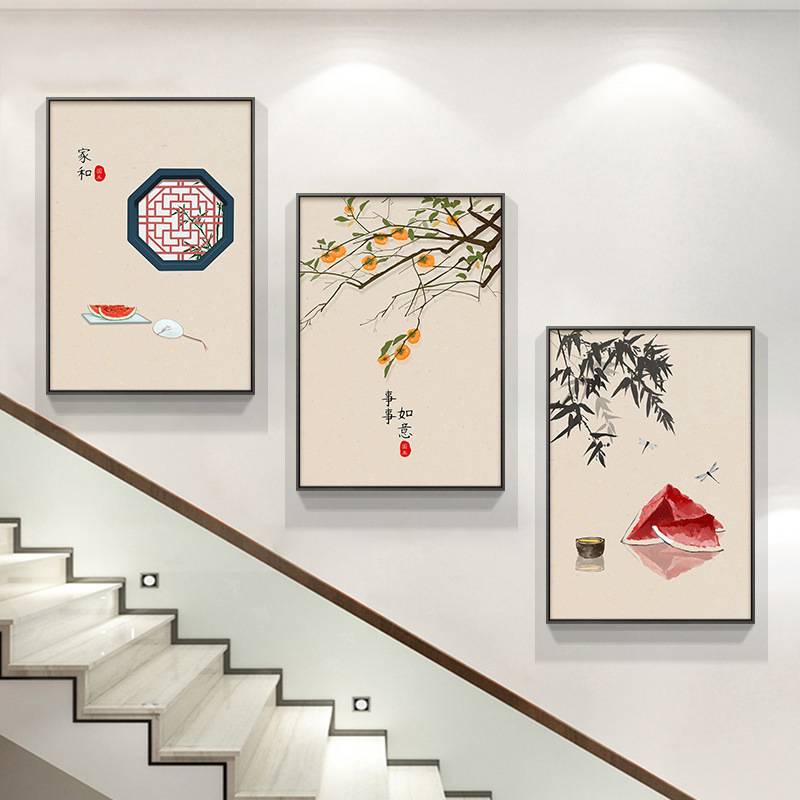 深セン大芬油画村階段階段間装飾画新中国式花鳥ハスの花複式壁画客間|undefined