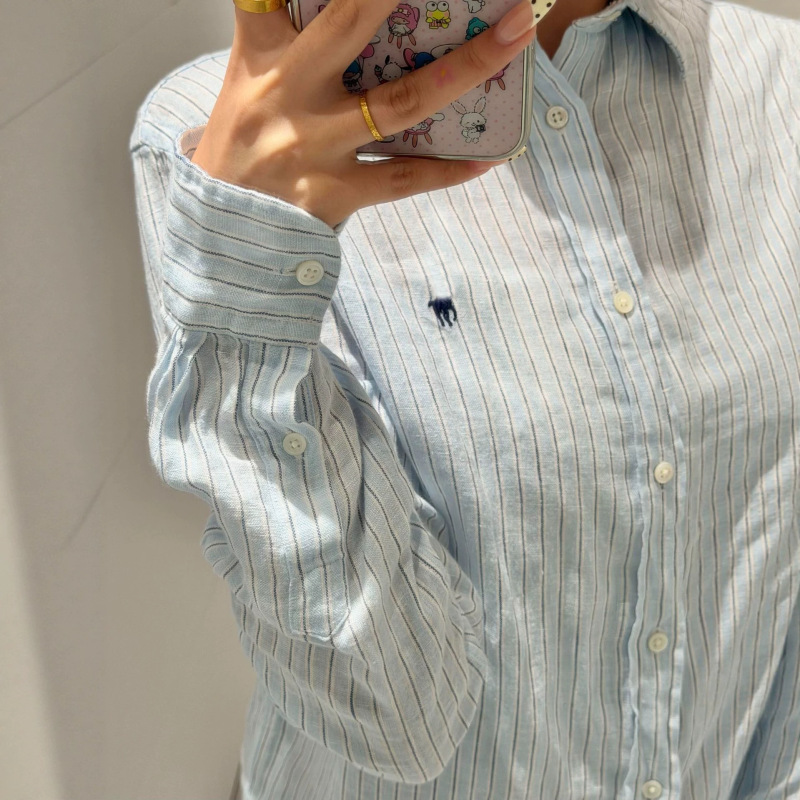 Rl Ralph Lauren Summer Linen Striped Sun Protection Shirt for Women Embroidered Long Sleeve Polo Shirt Spring and Autumn Shirt for Women