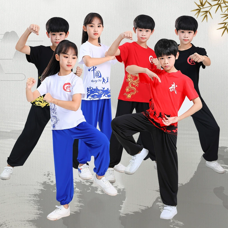 Детская одежда для ушу, весенне-летняя одежда для тайцзи для мальчиков и девочек Тренировочная одежда для боевых искусств, школьная тренировочная одежда для ушу с короткими рукавами