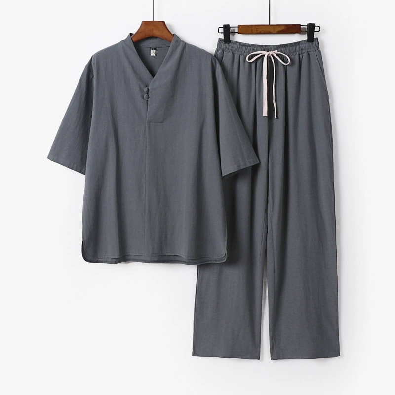 Льняной костюм в китайском стиле, мужской весенне-летний костюм Тан, комплект из двух предметов Hanfu, китайский ретро-стиль, чайный костюм дзен, мужская одежда