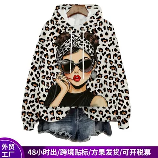 欧美豹纹印花连帽卫衣女士美式时尚套头帽衫猫咪图案外贸女装外套