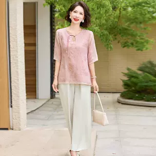 妈妈夏装新中式国风套装洋气新款中老年女夏季短袖上衣气质两件套