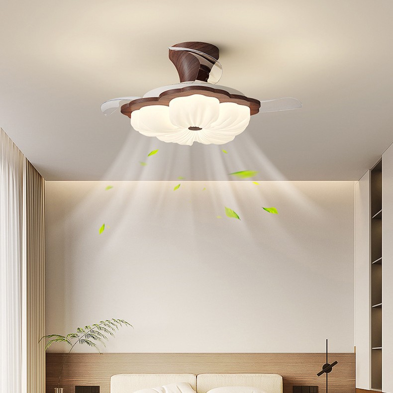 Retro Flower Creative Fan Walnut Electric Fan Invisible Bedroom Ceiling Lamp Integrated Restaurant Wind Ceiling Fan Eye Protection