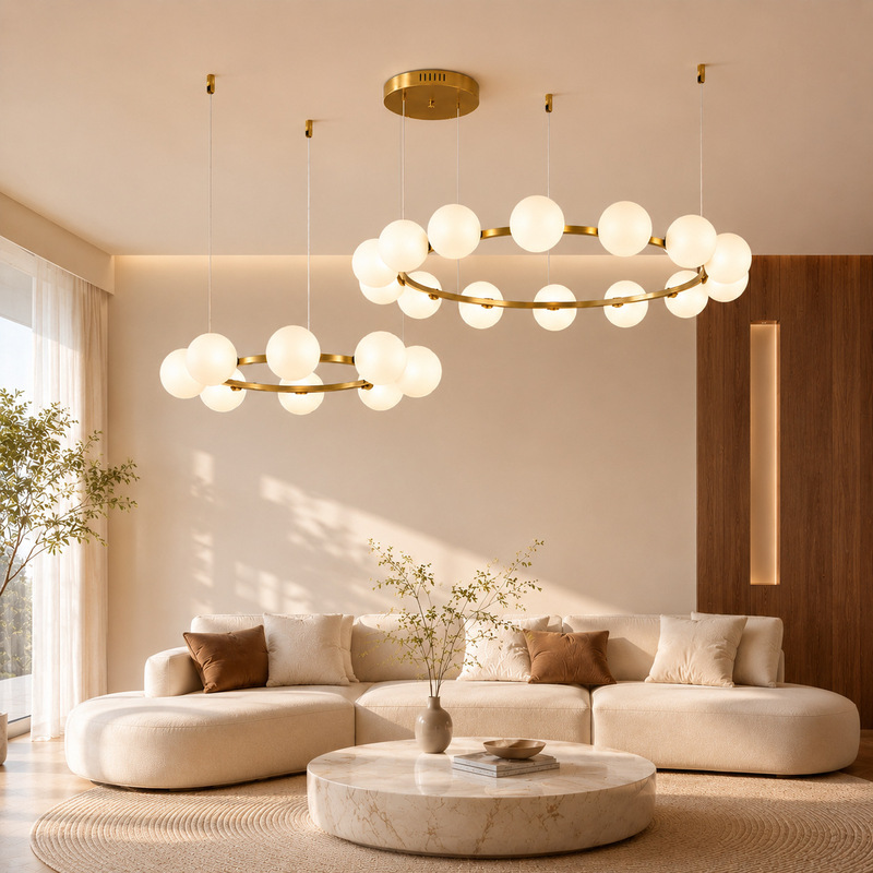 Nordic Post-Modern Double-Ring Bubble Ball Chandelier for Living Room and Dining Room, Italian-Style Light Luxury Circular Combination Chandelier, Designer Model Nordic Post-Modern Double-Ring Bubble Ball Chandelier for Living Room and Dining Room, Italian-Style Light Luxury Circular Combination Chandelier, Designer Model