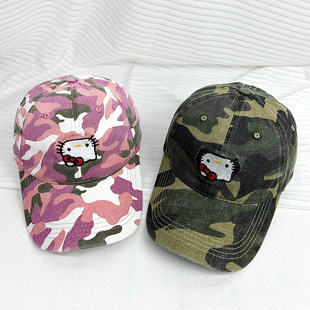 American Camouflage Cute Embroidered Kitty Cat Baseball Cap Women Soft Top Hip Hop Millennium Spice Style Cap Trendy