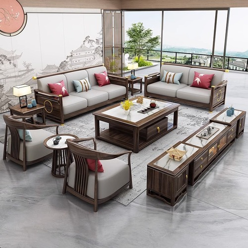 New Chinese style solid wood sofa furniture ebony wood modern light luxury copper decoration villa size living room sofa