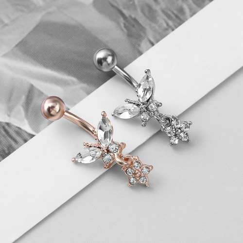 Cross-border new European and American stainless steel diamond-studded butterfly navel ring navel pin body piercing jewelry