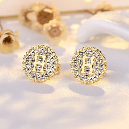 Women's Fashionable and Versatile Design Earrings with Round 925 Silver Pins and Micro-set Zirconia Letter H Earrings