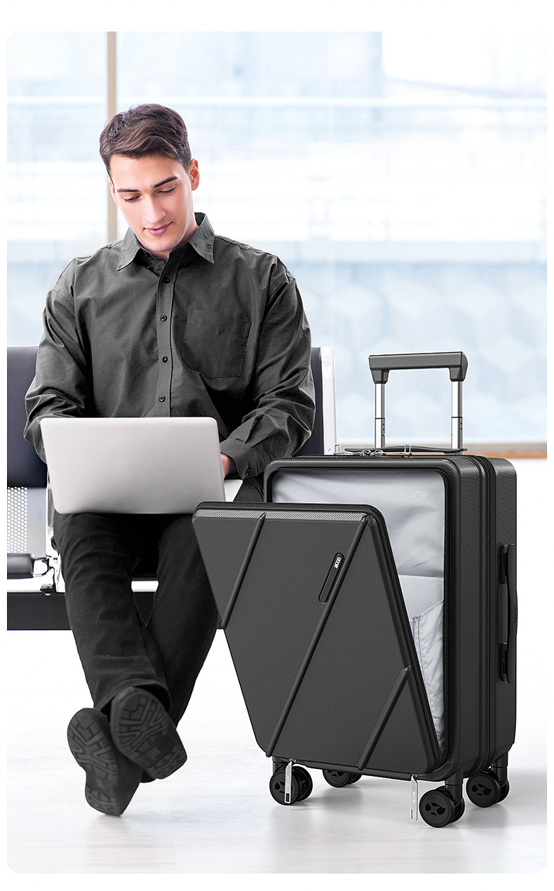Vali nhựa PC 20 inch mở nắp trước, bánh xe êm, đa năng cho doanh nhân — Cửa trước 20 inch có cổng sạc và lớp mở rộng màu đen chi tiết 5