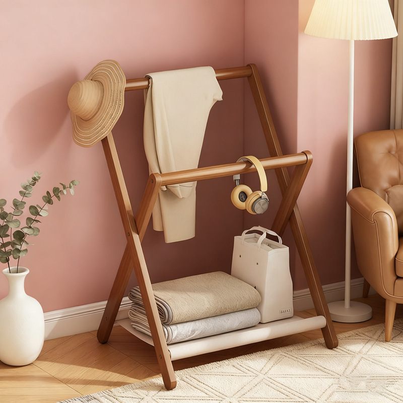 Beech Folding Clothes Hanger Floor-Standing Bedside Clothes Storage Rack Bedroom Coat Rack Simple Solid Wood Storage Rack