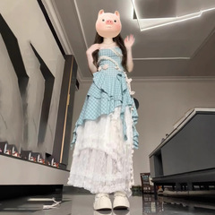 韓国リゾートスタイルの不規則なデザインのサスペンダードレス女性の夏の新しいウエスト痩身ミドル丈スカート