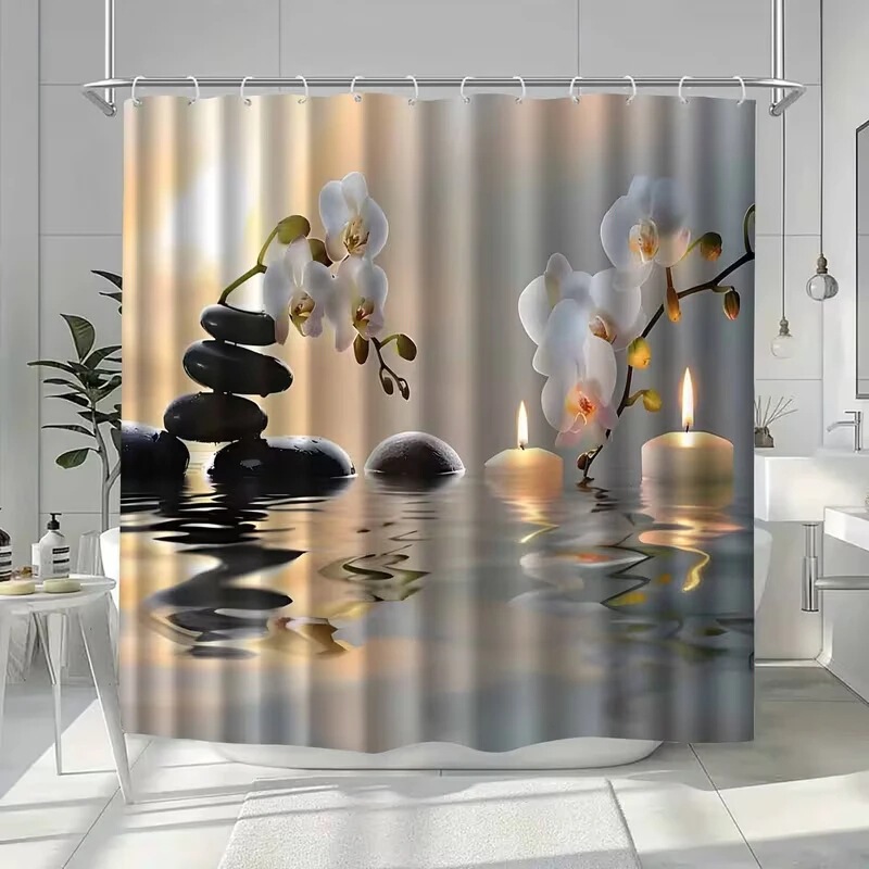 Cross-Border Shower Curtain, No-Drill, Zen-Style Spa Stone Orchid Candle Print, Healing Style Bathroom Decoration with 12 Hooks Cross-Border Shower Curtain, No-Drill, Zen-Style Spa Stone Orchid Candle Print, Healing Style Bathroom Decoration with 12 Hooks
