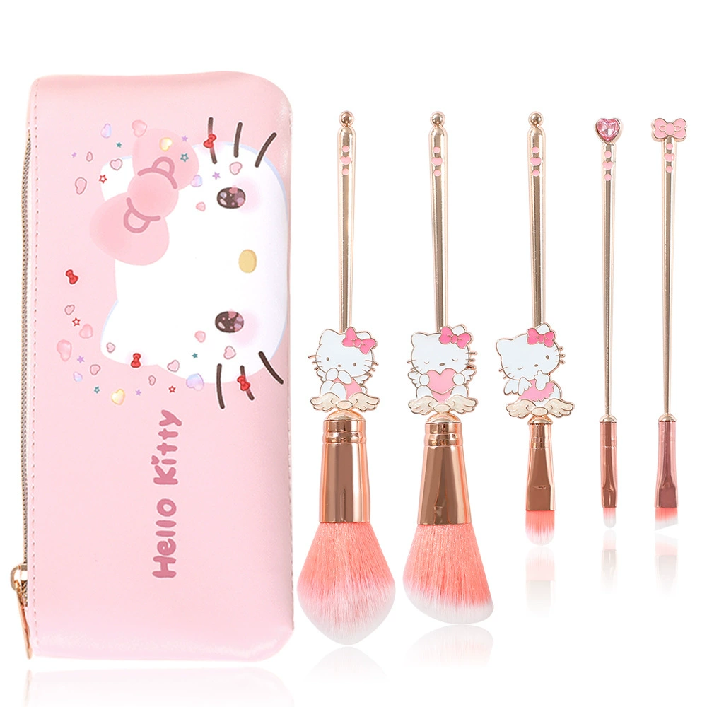 Набор кистей для макияжа (Hello Kitty) — 5 предметов с косметичкой, розовое золото или серебро