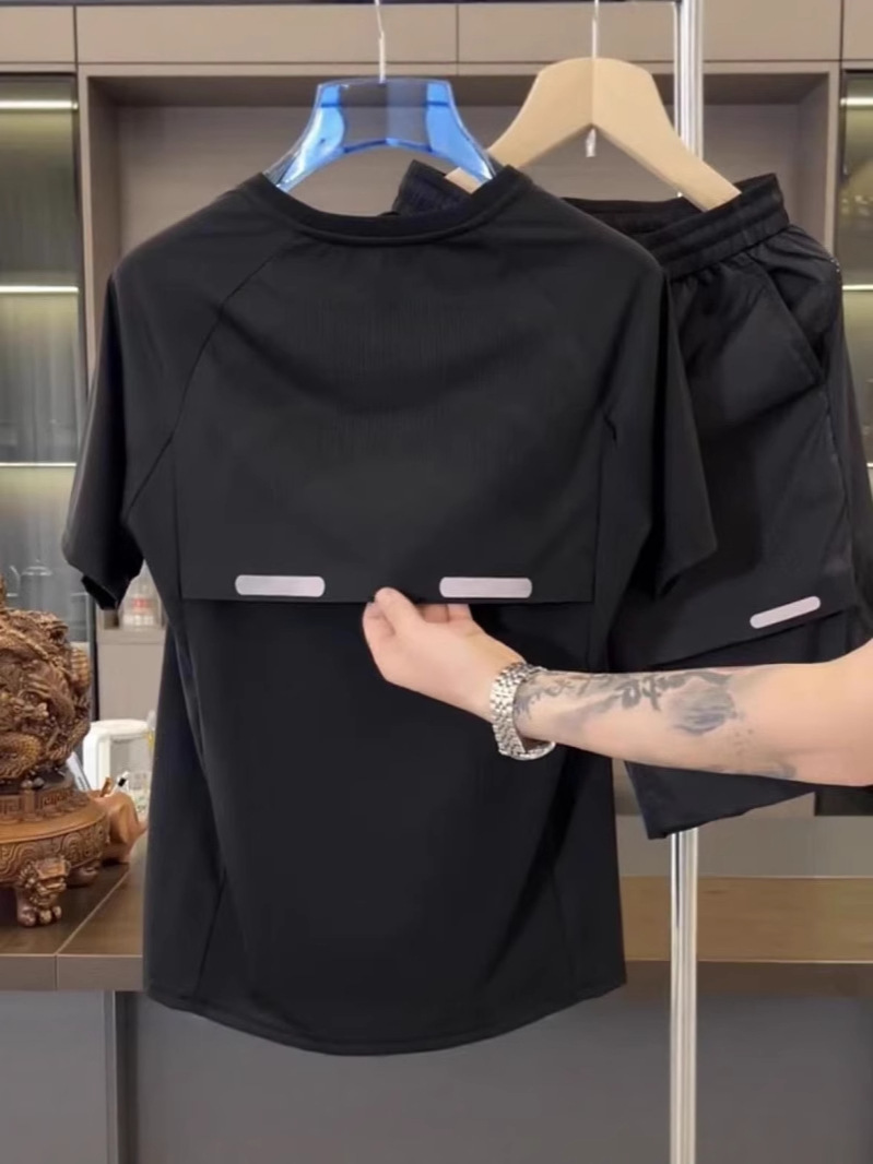 Summer Breathable Splicing Ice Silk Shirt Shorts Two-Piece Set for Men High Elastic Loose Quick-Drying Sports Casual Suit for Men