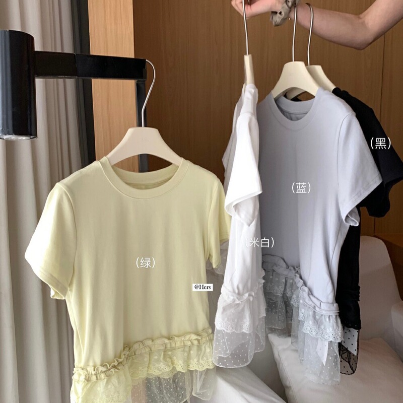 Hangzhou Sijiqing High-End Women's Clothing Guangzhou Shisanxing Ballet-Style Lace-Trimmed Short-Sleeve Regular Shoulder T-Shirt Hangzhou Sijiqing High-End Women's Clothing Guangzhou Shisanxing Ballet-Style Lace-Trimmed Short-Sleeve Regular Shoulder T-Shirt