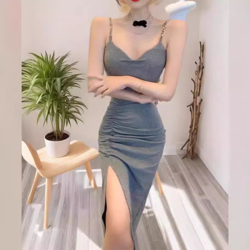 Pure Desire Celebrity Style Chain Sling dress Women's Summer Ruffle Slim Split Base Skirt V-Neck Hip Skirt 505