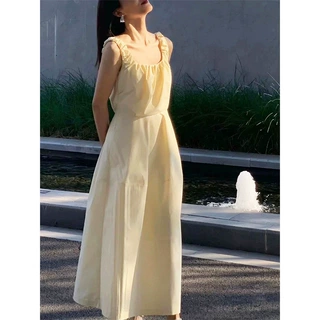 ED女装经典款春季新款褶皱宽背带气质连衣裙小众设计高级感长裙