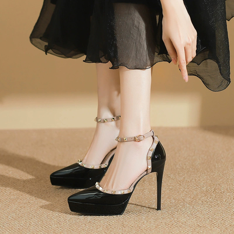 1233-23 Sexy rivet high heels for women 2025 Spring and Autumn New pointed toe thin heel waterproof platform single shoes 12CM