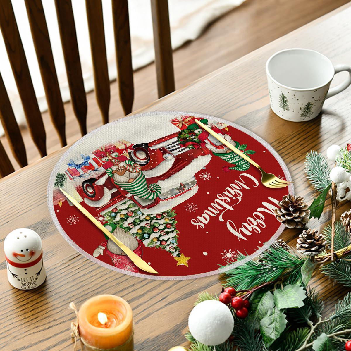 Nouveauté Noël : napperon rond en lin antitache, isotherme et décoratif, style western, idéal pour les restaurants._voghion.com