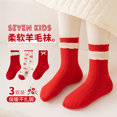 Children's socks, red wool socks, lace girls' mid-tube socks 2024 autumn and winter new style bow children's socks