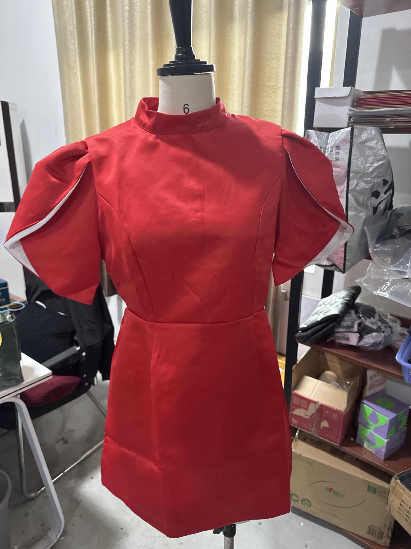 318g Weight Above Knee Dress Length Type Wholesale Women's Elegant Sexy Bow Back Solid Color Holiday Cocktail Party High Neck Short Sleeve Princess Dress