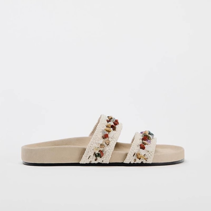 Thick bottom beaded woven slippers with muffin for 2024 summer new flat bottom beach resort style sandals for women