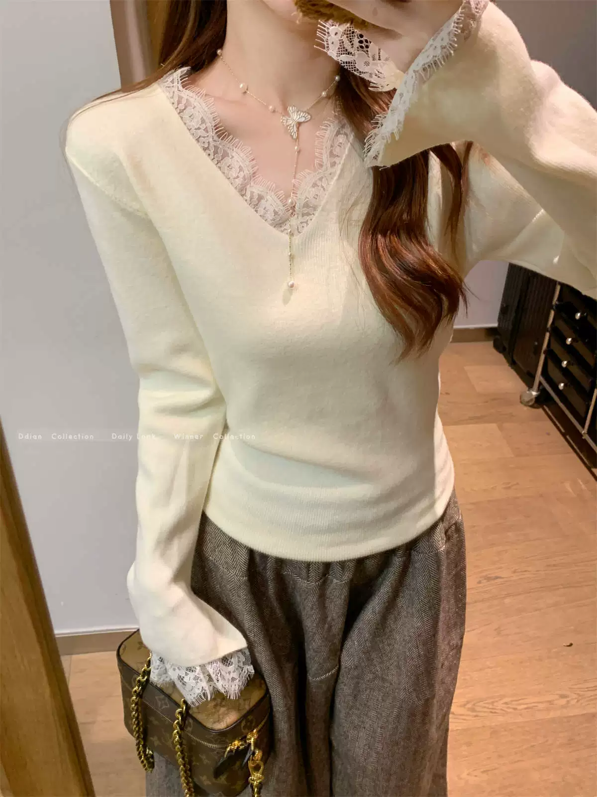 Lace knitted spring brand sweater, V-neckline