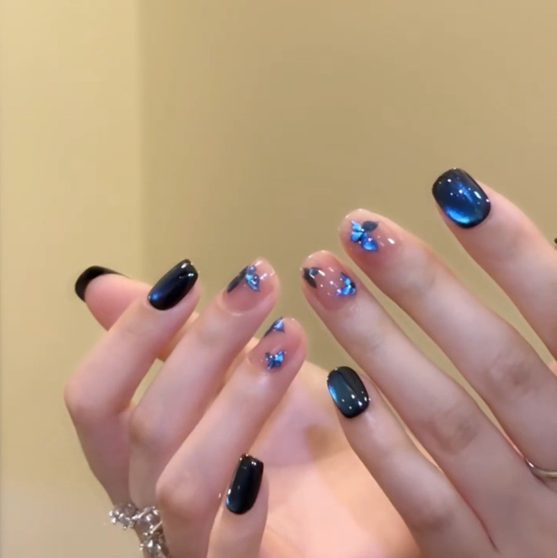 Blue Glass Bead Butterfly Cat Eye Pure Handmade Wearable Nails Whitening High-End Short Manicure Patch Fake Nails
