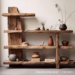 New Chinese-Style Wabi-Sabi Old Elm Wood Display Shelf, Multi-Treasure Cabinet for Living Room and Guesthouse, Antique Ornament Storage Rack