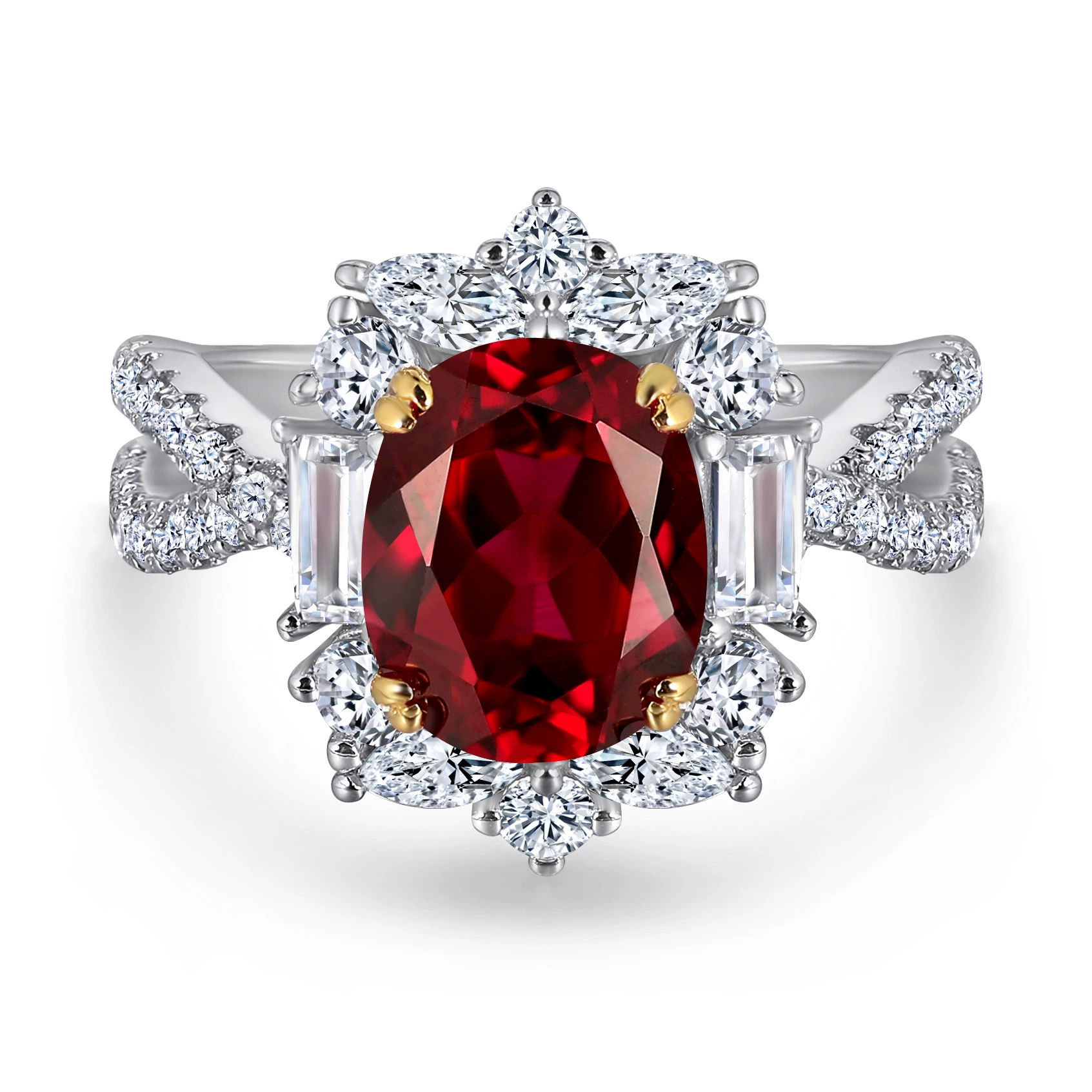 Fashionable retro ruby wedding ring, silver 925 sample, 2 carat, light luxury style