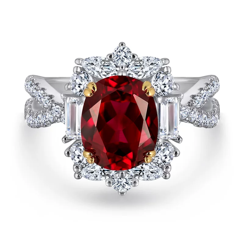 Fashionable retro ruby wedding ring, silver 925 sample, 2 carat, light luxury style