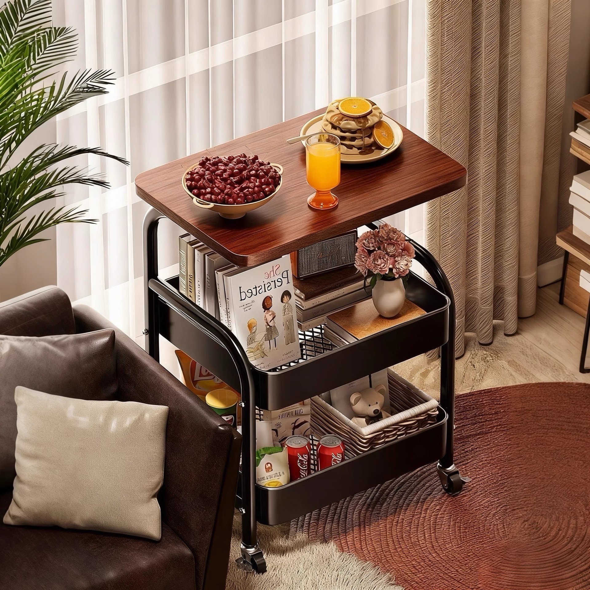 Mesa de té móvil pequeño carro de lado varios sofá de sala de estar almacenamiento con ruedas mesa de té de dormitorio estante de cabecera pequeña mesa