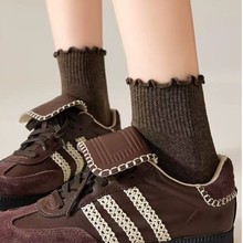 咖色袜子女春秋纯棉中筒袜木耳花边短袜防臭抗菌女士棉袜配小皮鞋