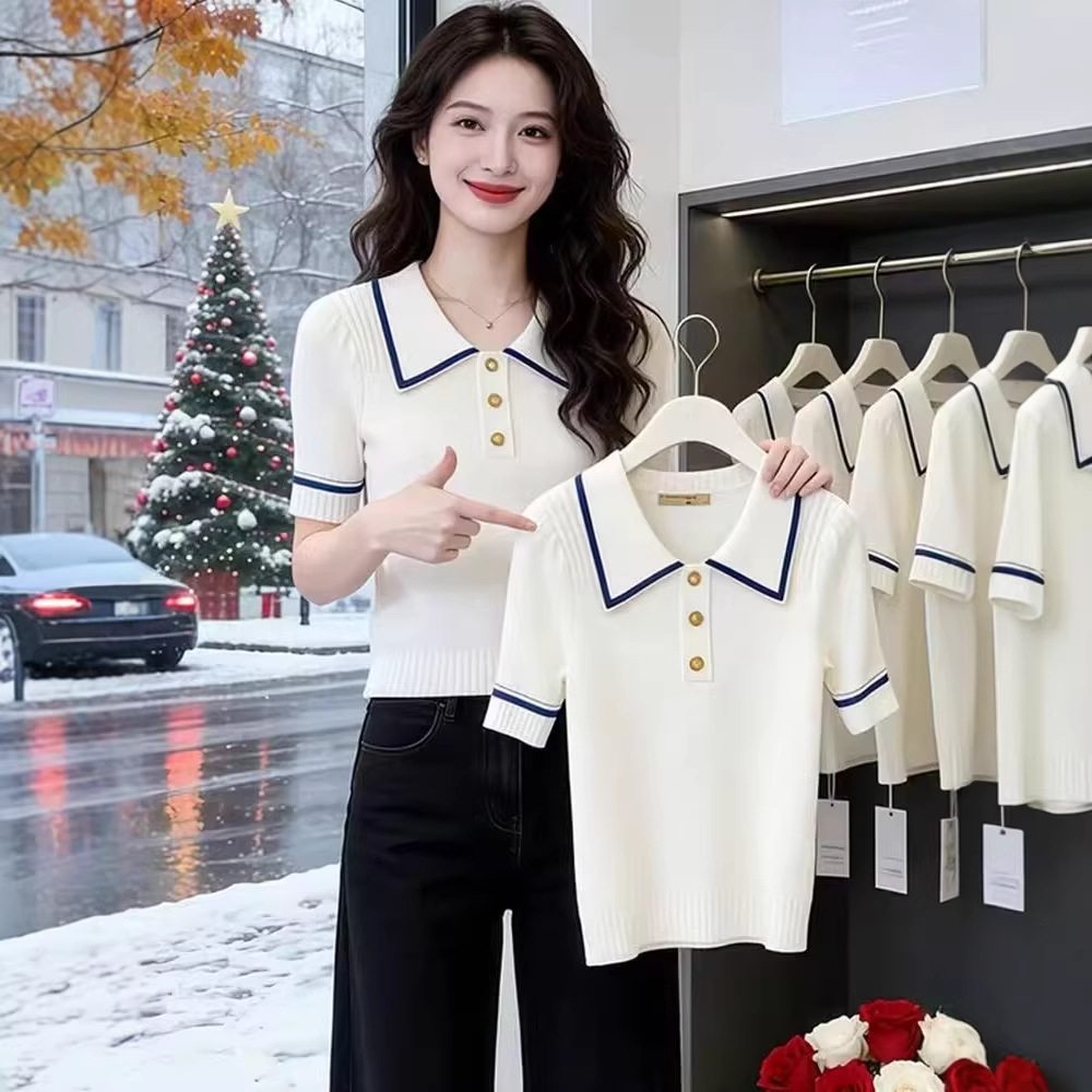 Áo thun nữ polo cổ tay lỡ phối màu chất liệu lụa đan mát mẻ — trắng chi tiết 3