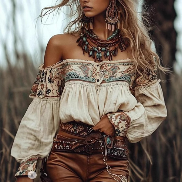 Cross-Border European and American Retro Western Cowgirl Women's Shirts Ethnic Style Printed Bohemian Tops