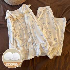 秋冬新款带胸垫海岛绒柔软舒适甜美少女纯色睡衣可外穿家居服套装