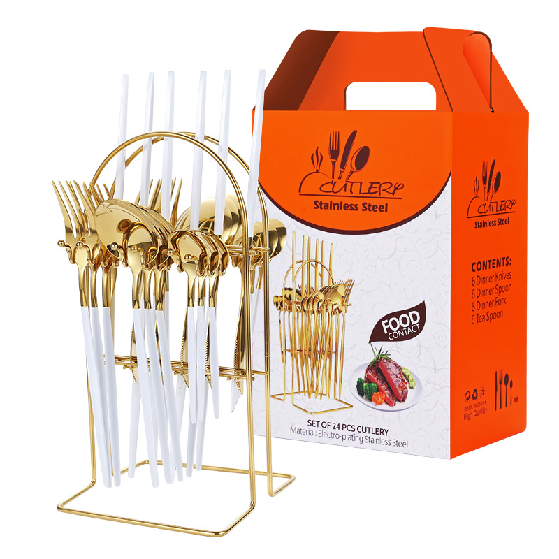 Transfronterizo Amazon Portugal comida occidental cuatro principales vajilla de acero inoxidable 24 piezas vajilla rack caja de regalo rack traje