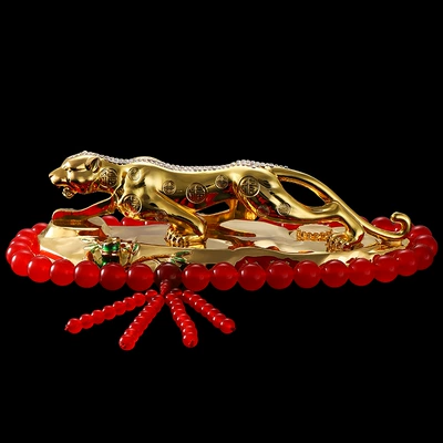 Car ornaments, alloy Diamond-embedded leopard car - 21cm-alloy-base-fubao-extended-red-agate-beads