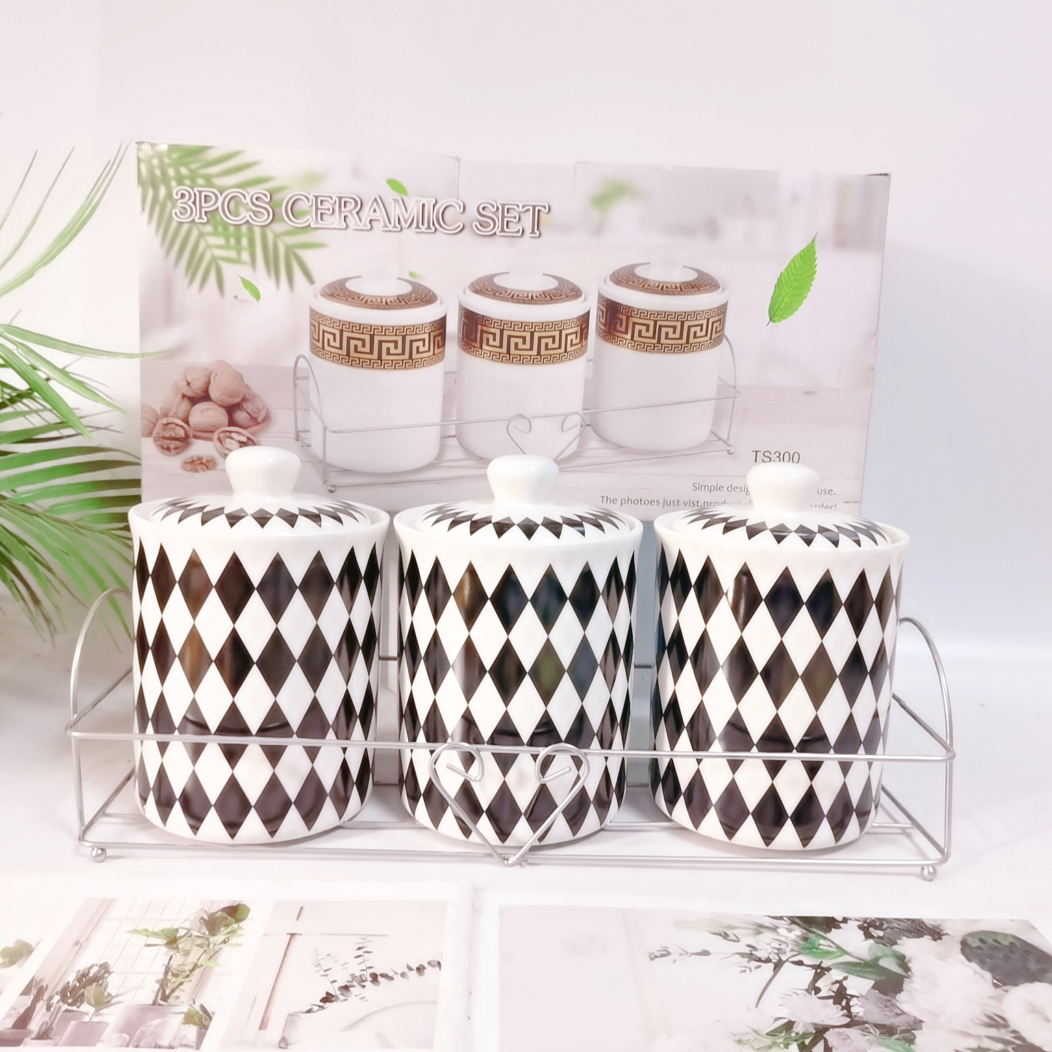 Simple nuevo tarro de condimento de cerámica estante de hierro de tres piezas de almacenamiento tarro de cocina de almacenamiento sellado tarro condimento tarro de caramelo