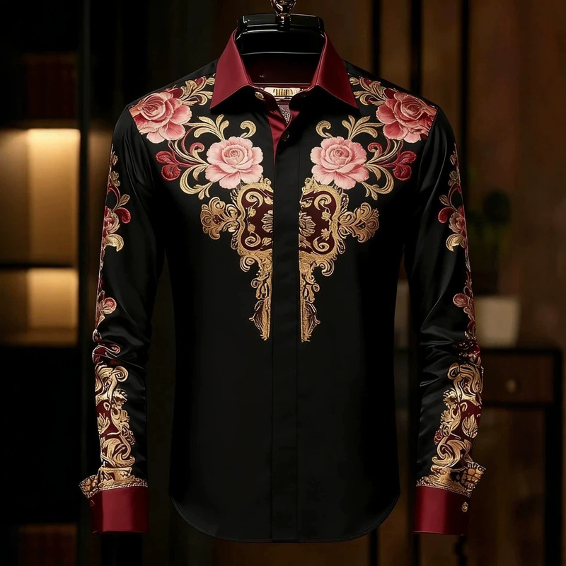 Cross-border Amazon independent site men's long-sleeve shirt with French pattern high-definition print designer clothing Cross-border Amazon independent site men's long-sleeve shirt with French pattern high-definition print designer clothing