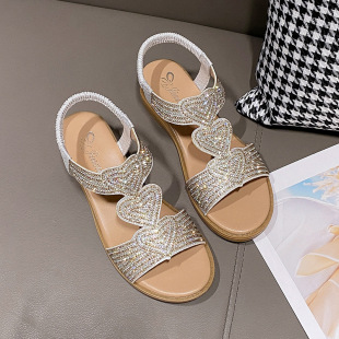 Cross-Border Size 42 2024 New Summer Rhinestone Pattern Round Toe Roman Style Wedge Sandals for Women