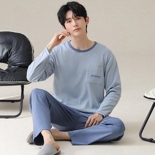Men's Pajamas Men's Spring and Summer 100 Cotton Long Sleeve Trousers Cotton Pullover Wearing Spring New Home Clothes suit